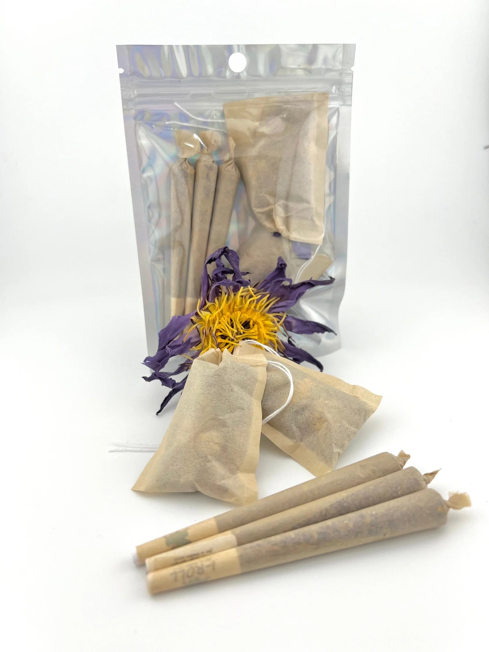 Blue-Lotus-Flower-Sample-Pack-Whole-Flower-Ground-Flower-Pre-Rolls-Tea-Bags